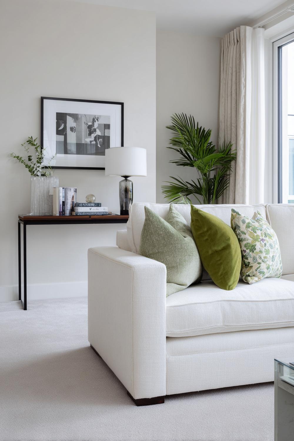 6. Sofa-Ecke mit schmalem Konsolentisch hinter dem Sofa für Styling und Stauraum