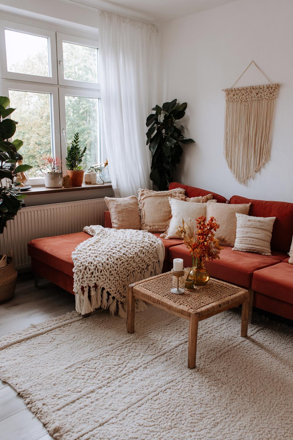 8. Sofa-Ecke im Boho-Stil mit Makramee, Rattan und warmen Terrakotta-Akzenten