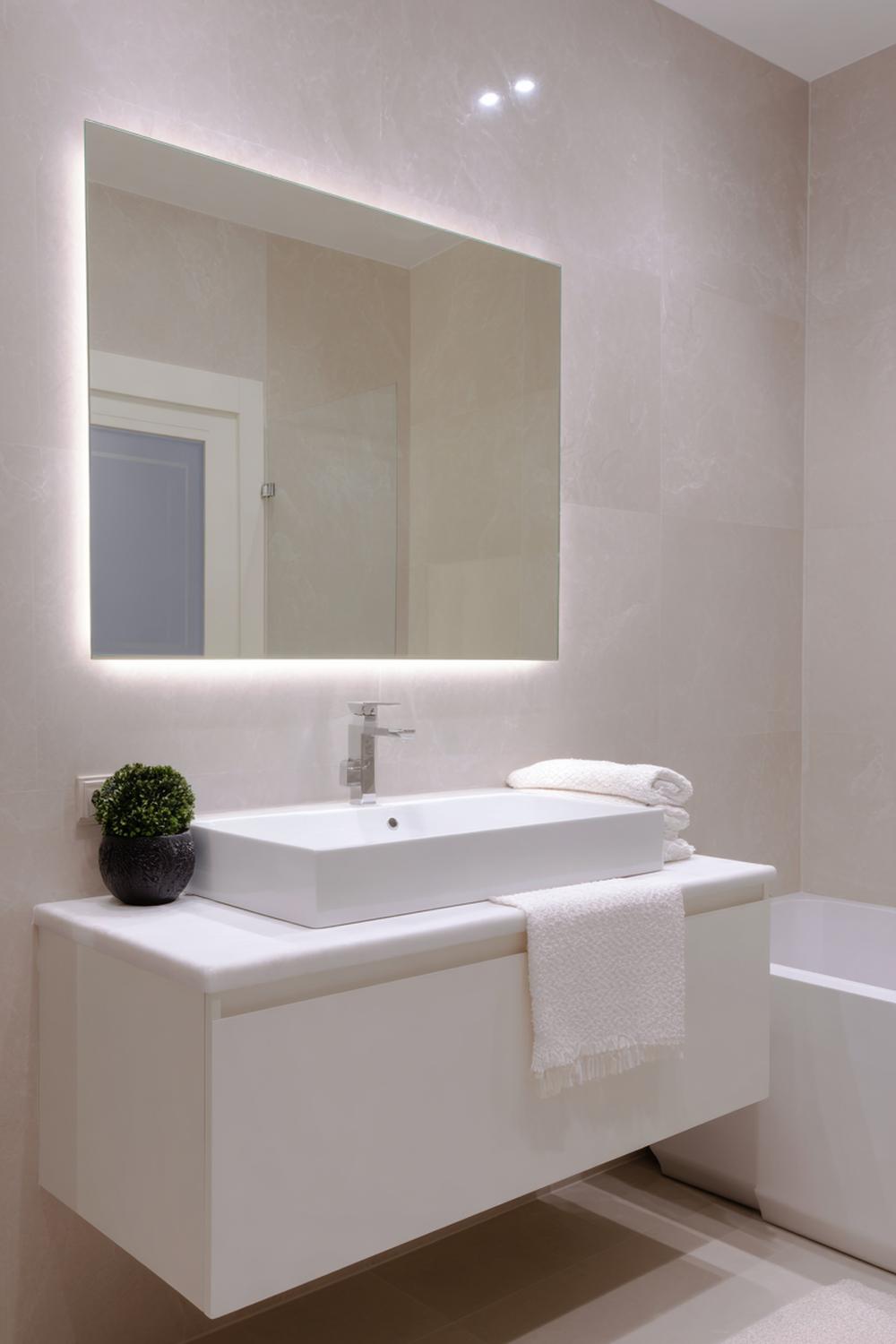 1. Spiegeldeko Bad Ideen mit warmweißem LED-Lichtrahmen und matt schwarzer Armatur