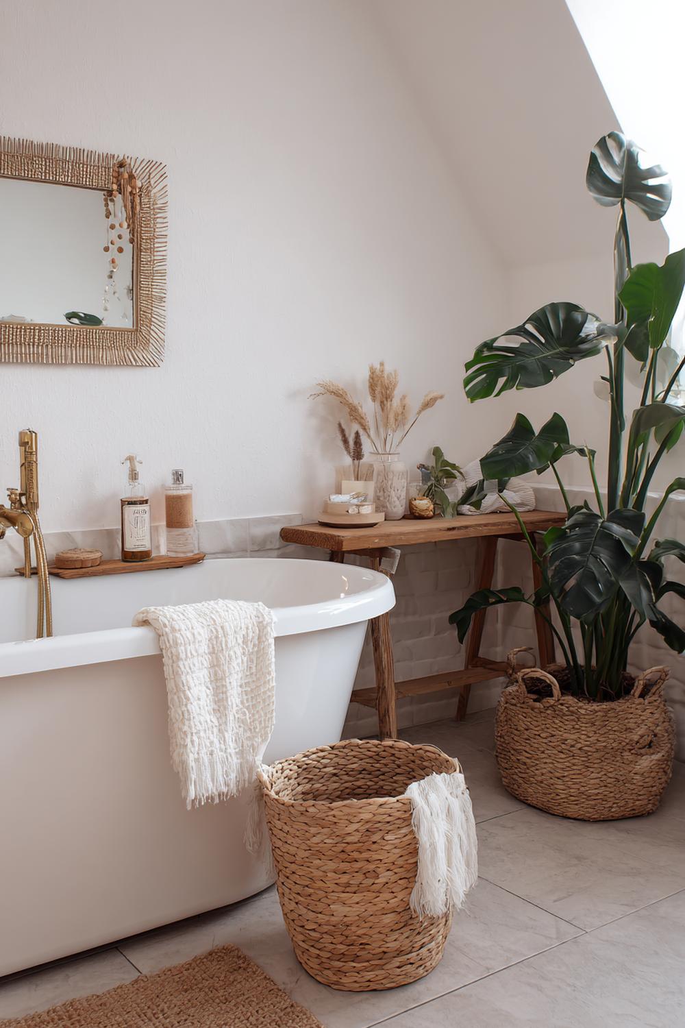 13. Spiegeldeko Bad Ideen mit Holzperlen-Girlande und Boho-Korbtexturen