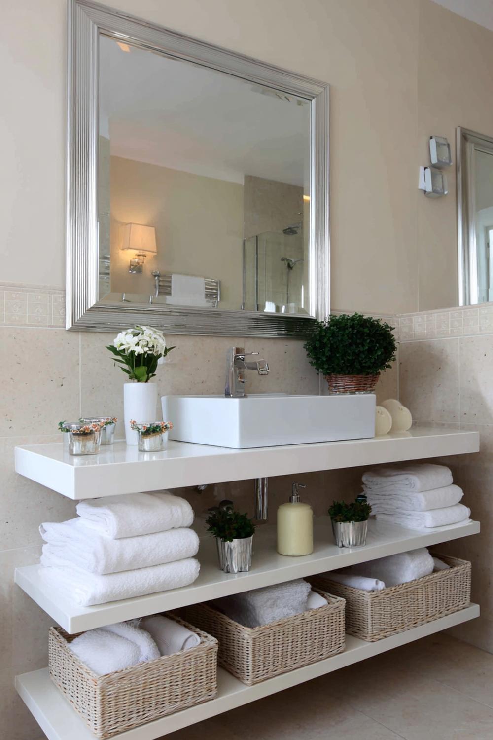 15. Spiegeldeko Bad Ideen mit breiter Spiegelkonsole und geordneten Pflegeflaschen
