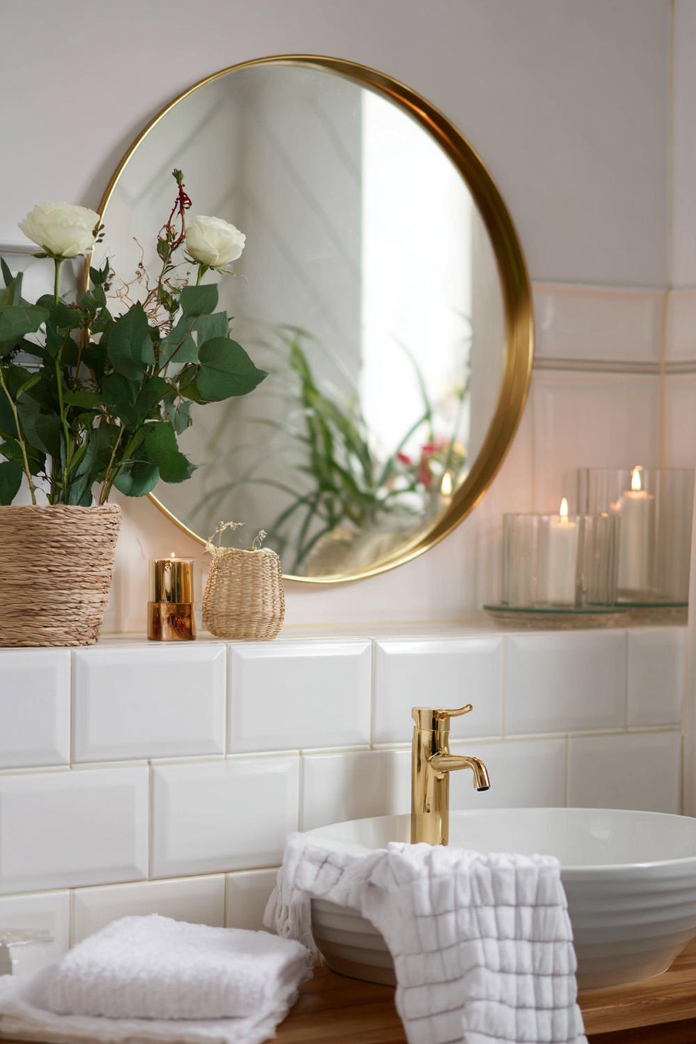 19. Spiegeldeko Bad Ideen mit goldener Bilderleiste und wechselnder Mini-Galerie