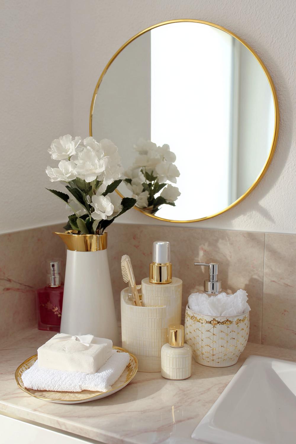 2. Spiegeldeko Bad Ideen mit rundem Messingspiegel und cremefarbenen Keramikaccessoires