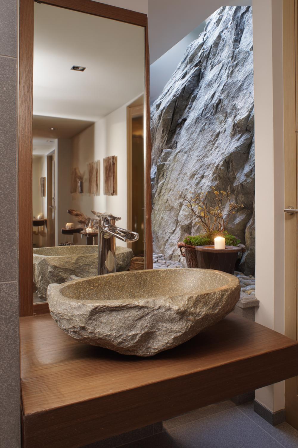 25. Spiegeldeko Bad Ideen mit Natursteinbecken und passendem Steinschalen-Set