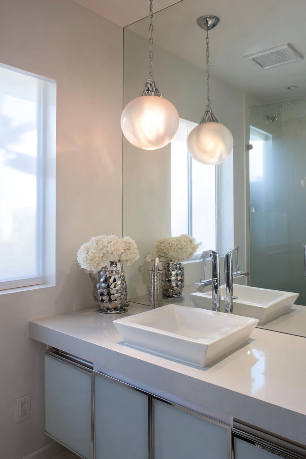 26. Spiegeldeko Bad Ideen mit Milchglas-Pendelleuchte und klarer Linienführung