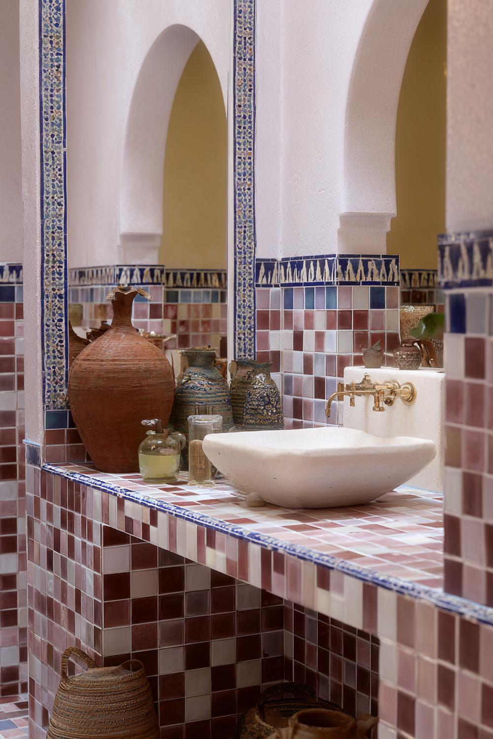 27. Spiegeldeko Bad Ideen mit Fliesenrahmen in Zellige-Optik und warmen Tontöpfen