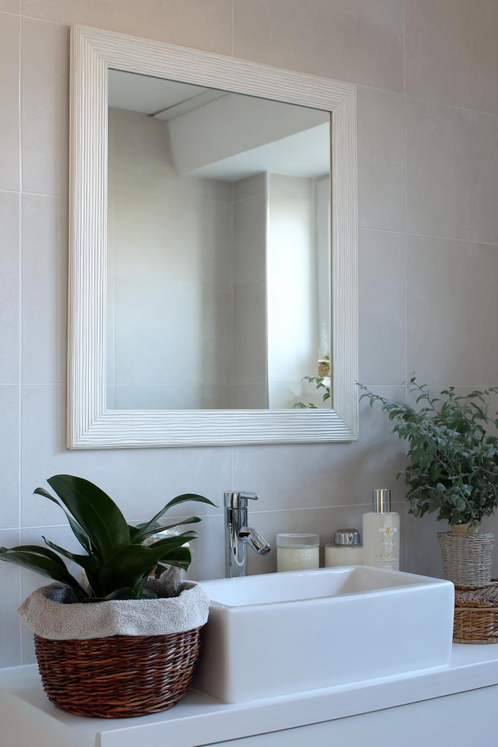 29. Spiegeldeko Bad Ideen mit handgefertigtem Rahmen und sichtbarer Holzmaserung