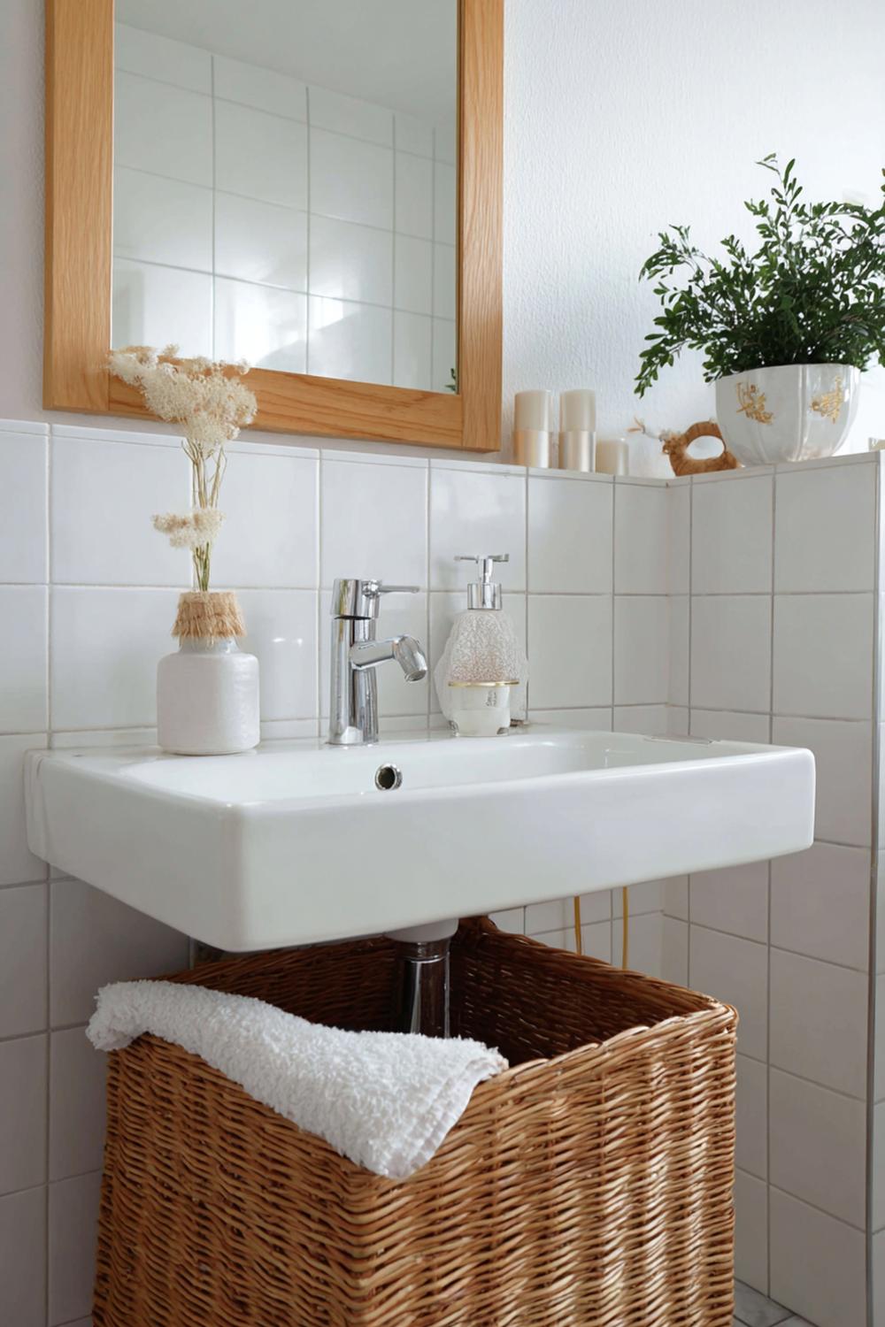 3. Spiegeldeko Bad Ideen mit Eichenholzrahmen und geflochtenem Aufbewahrungskorb