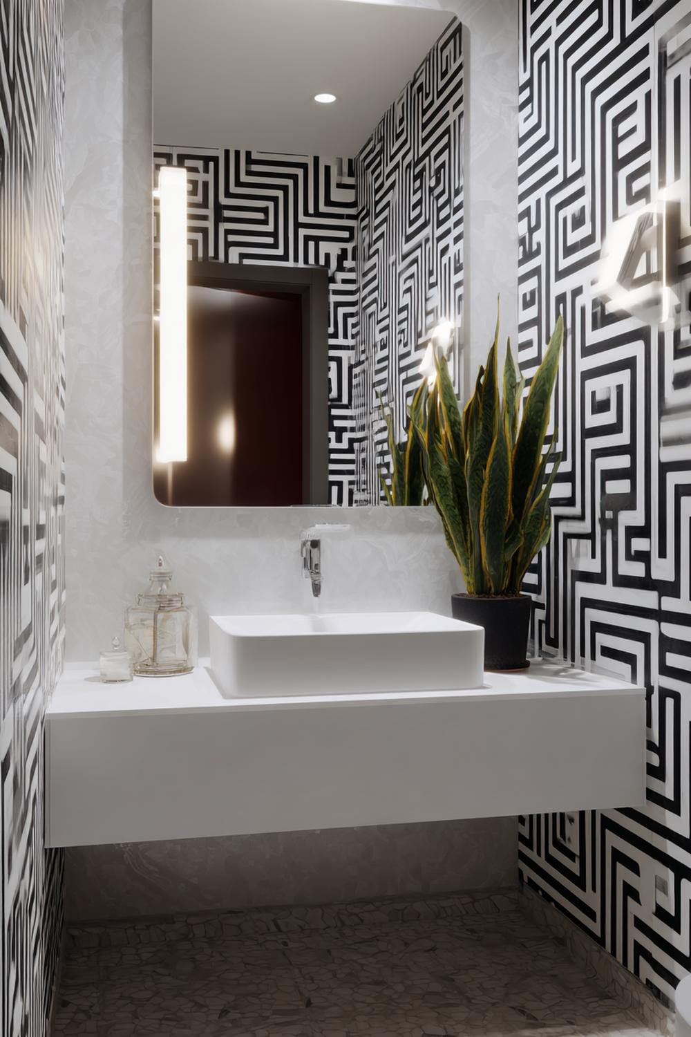 30. Spiegeldeko Bad Ideen mit grafischem Schwarzweiß-Print und klarer Seifenlinie