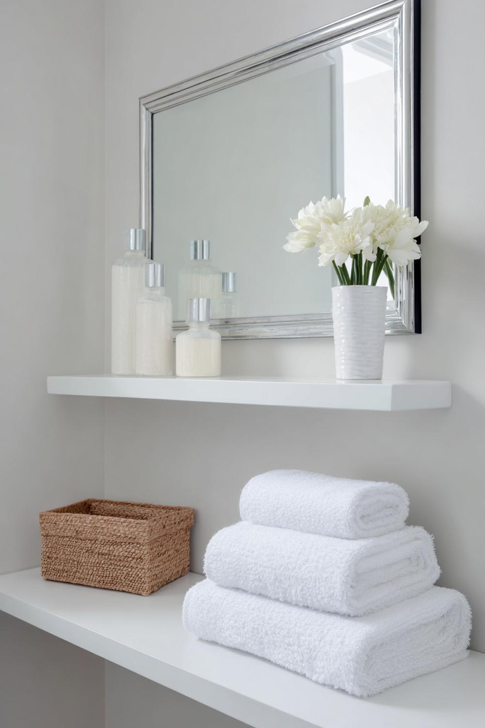33. Spiegeldeko Bad Ideen mit schmalem Wandregal und gerollten Gästetüchern
