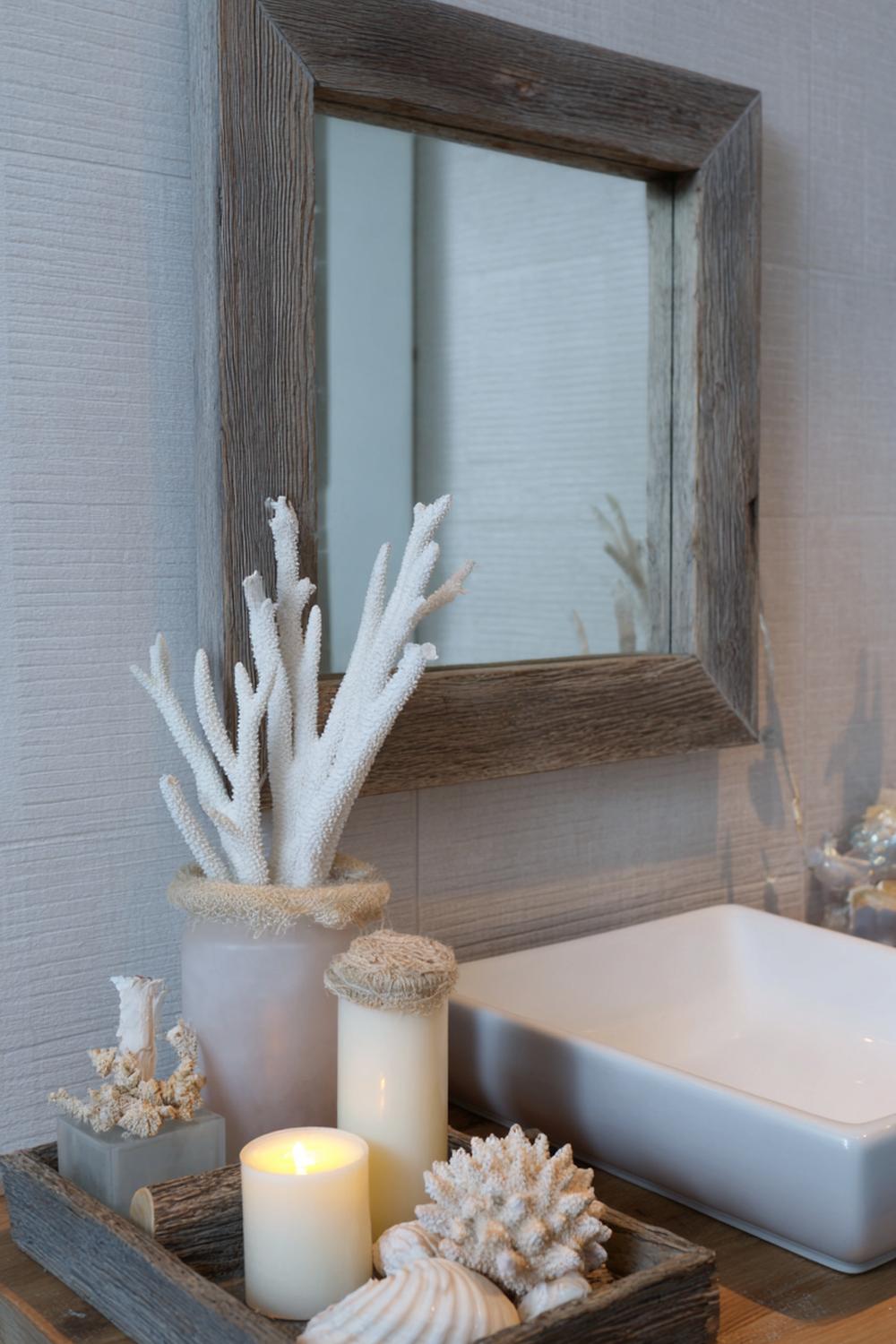 37. Spiegeldeko Bad Ideen mit gekreidetem Holzrahmen und zarten Trockenblumen