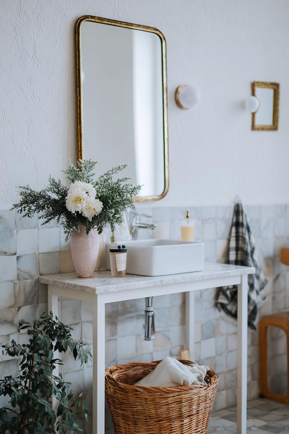 5. Spiegeldeko Bad Ideen mit Vintage-Spiegelkante und antik wirkender Glasflasche