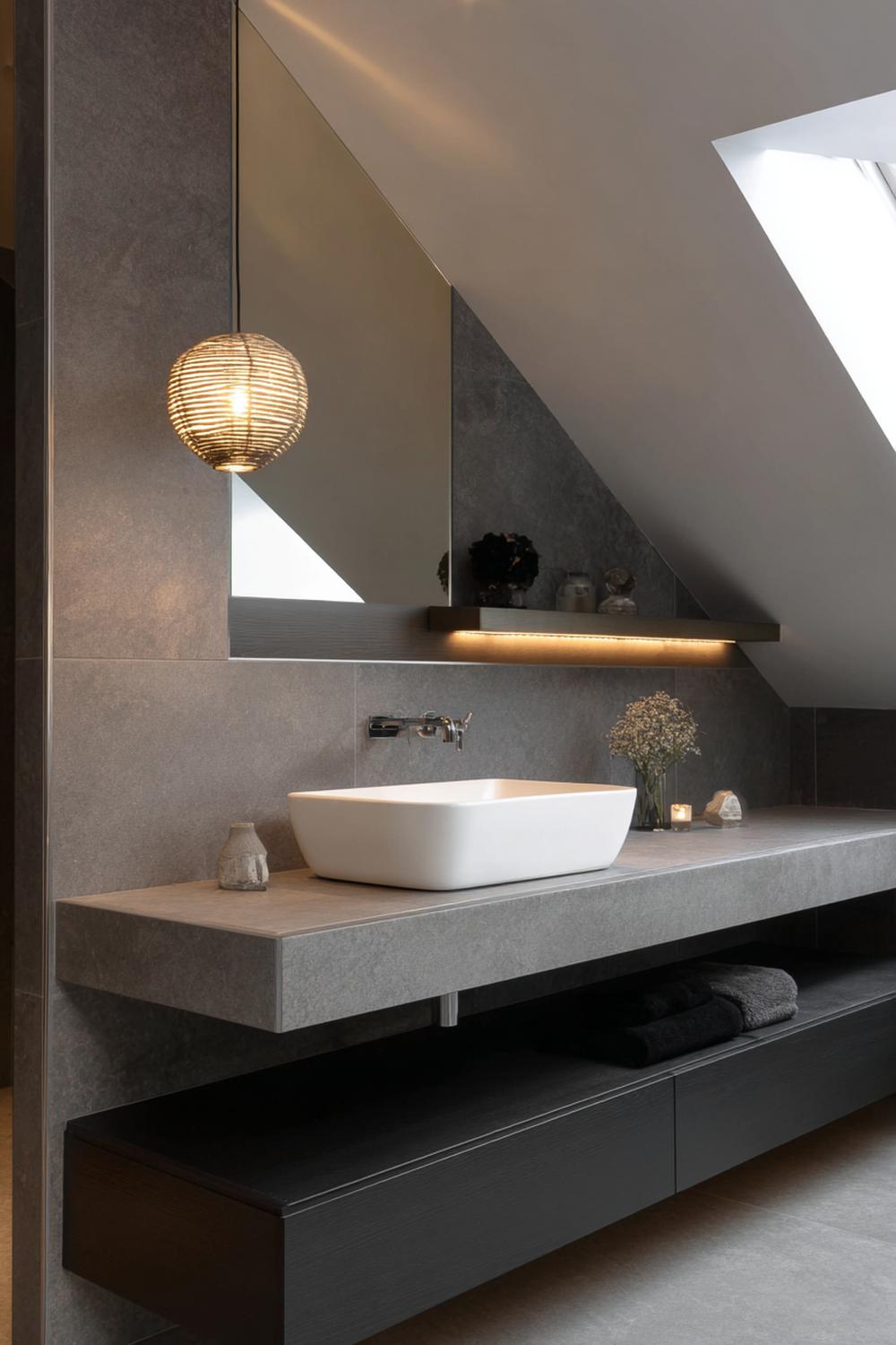 6. Spiegeldeko Bad Ideen mit schwebender Steinablage und monochromem Grauschema