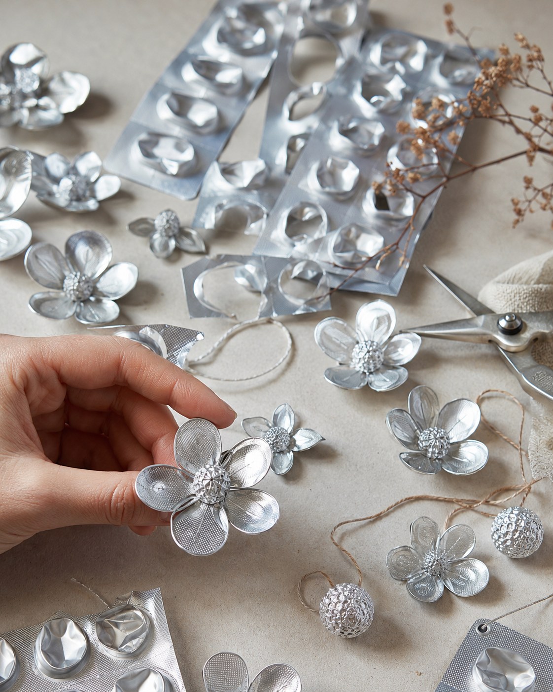 Silberne Blüten aus Tablettenblistern als nachhaltige Upcycling-Deko für Herbst und Winter.