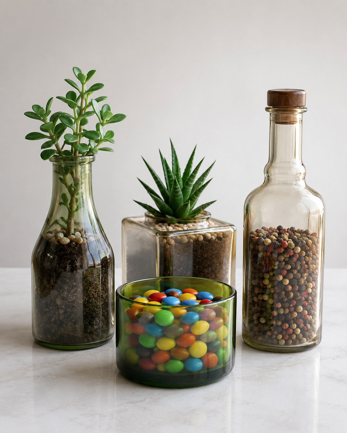 Alte Glasflaschen und -gläser upgecycelt zu Mini-Gewächshäusern und Vorratsgefäßen in der Küche.