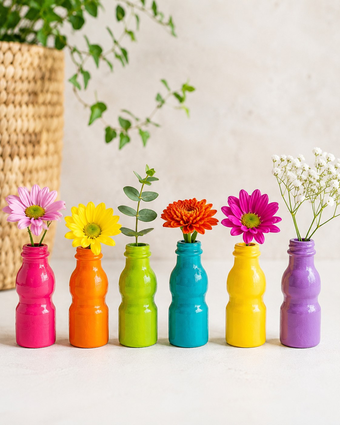 Kleine Fläschchen bunt bemalt als fröhliche Mini-Vasen für einzelne Sommerblumen.