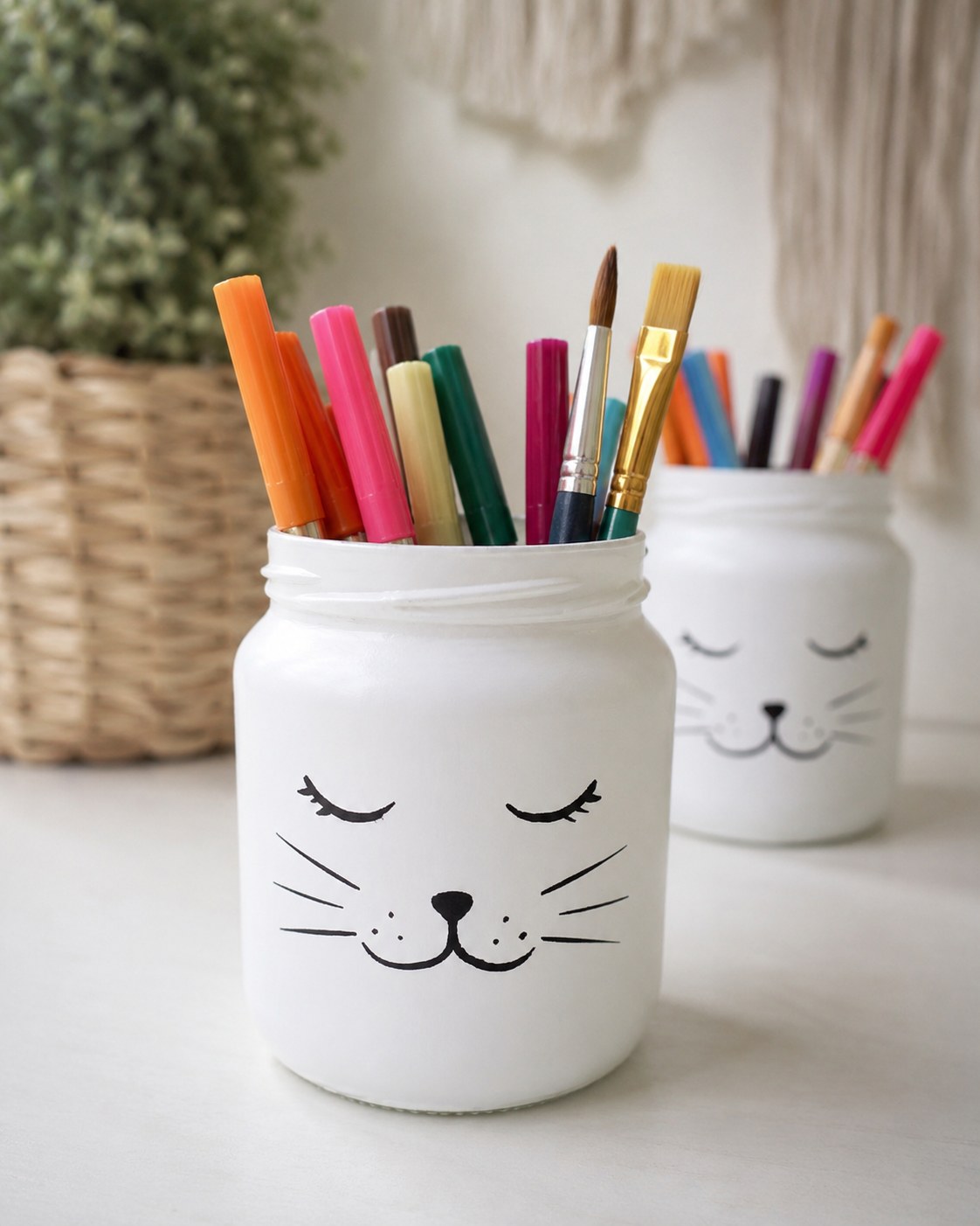 Weiß bemalte Tablettenflaschen mit Katzengesicht dienen als Stiftehalter für Buntstifte und Pinsel.