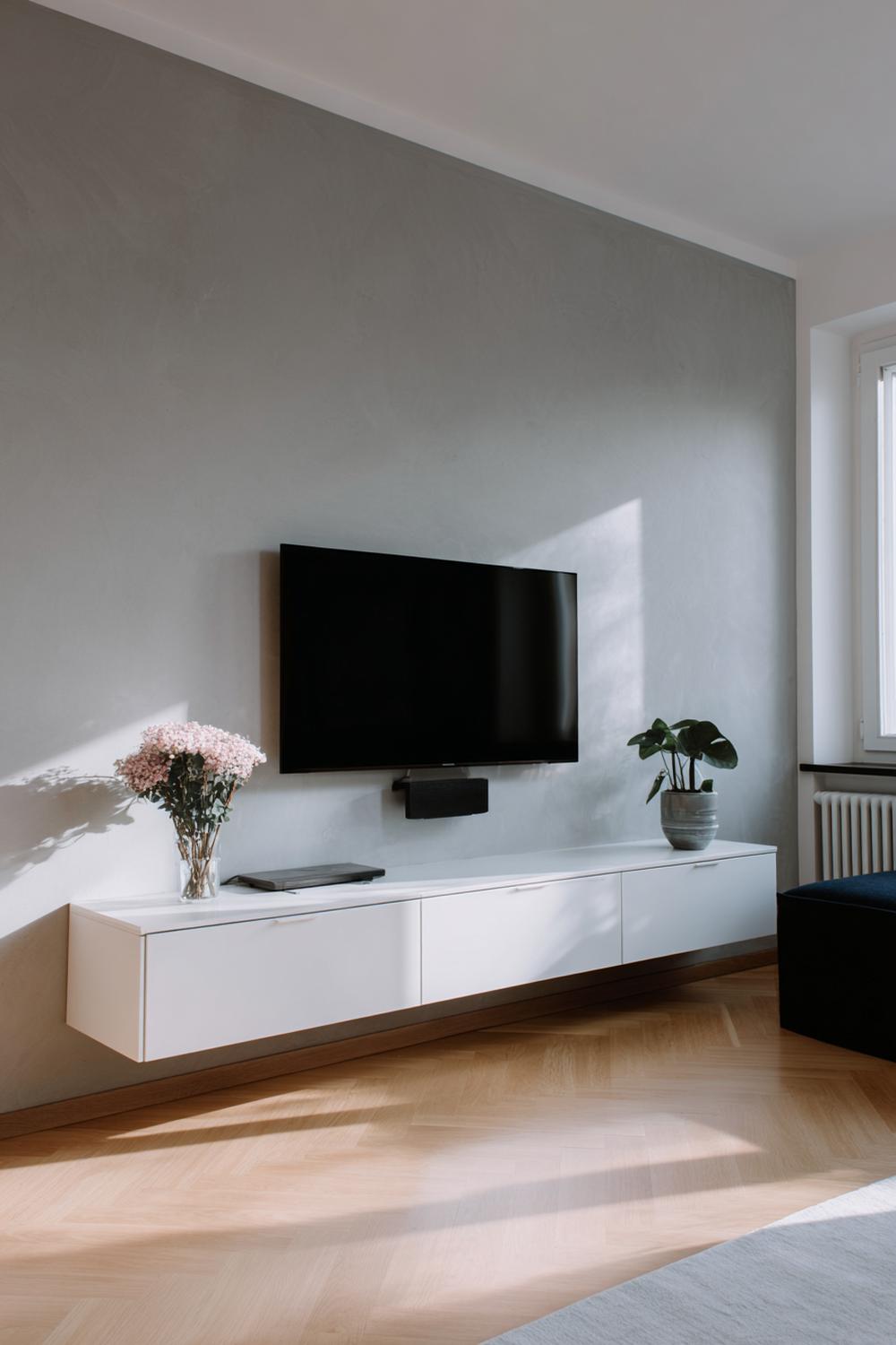 2. TV Wand Mikrobeton mit schwebendem Lowboard in Greige