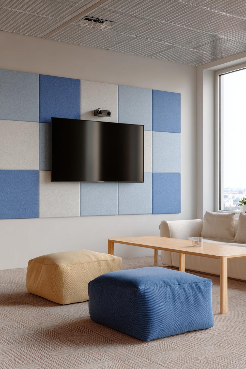 3. TV Wand Akustikpaneele in Filzoptik mit ruhiger Farbzone