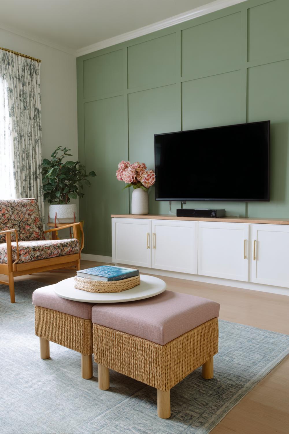 5. TV Wand Farbblock in Salbeigrün mit gerahmten Kanten
