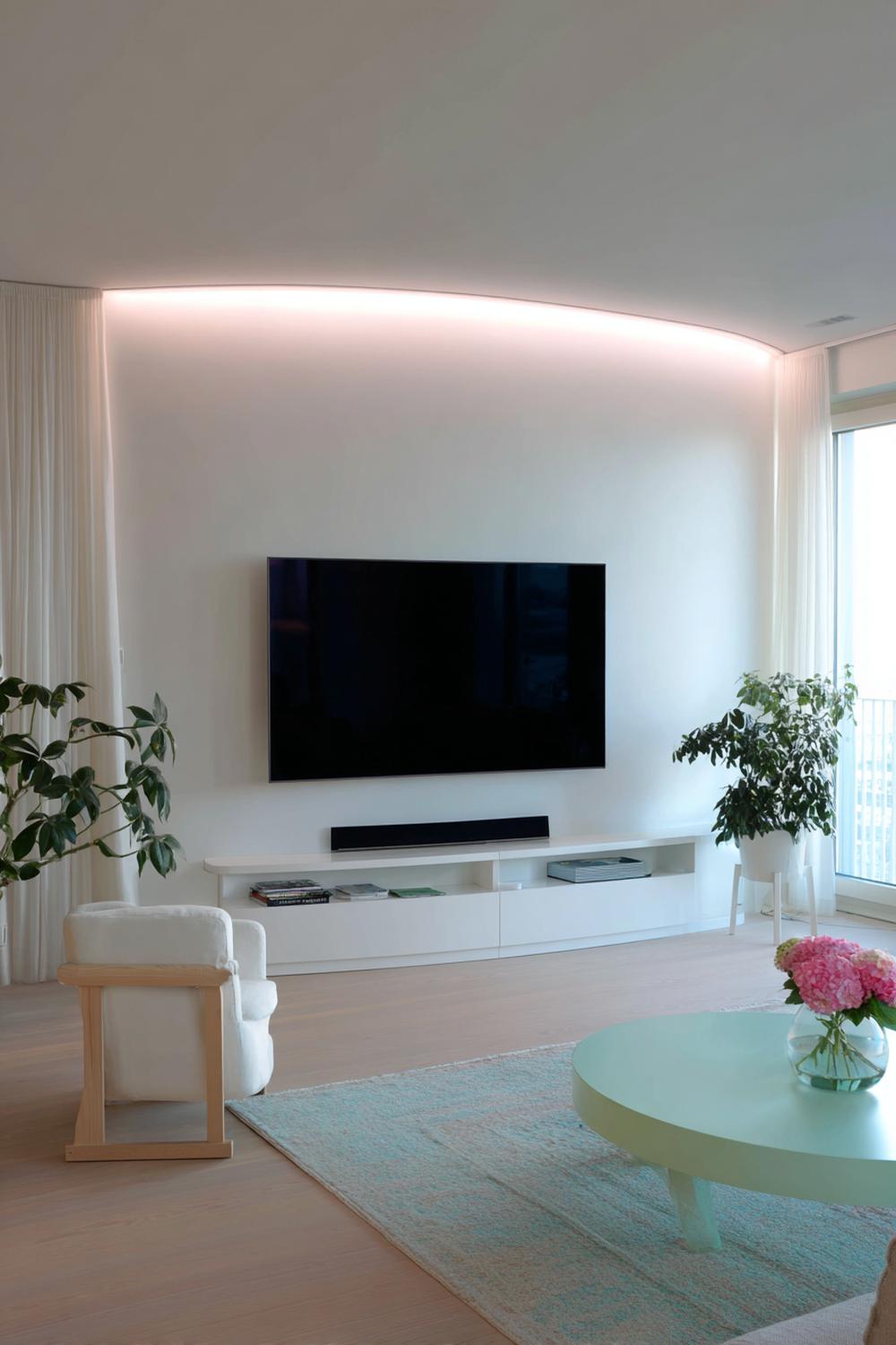 7. TV Wand Rundbogen-Nische mit Putzstruktur und sanfter Beleuchtung