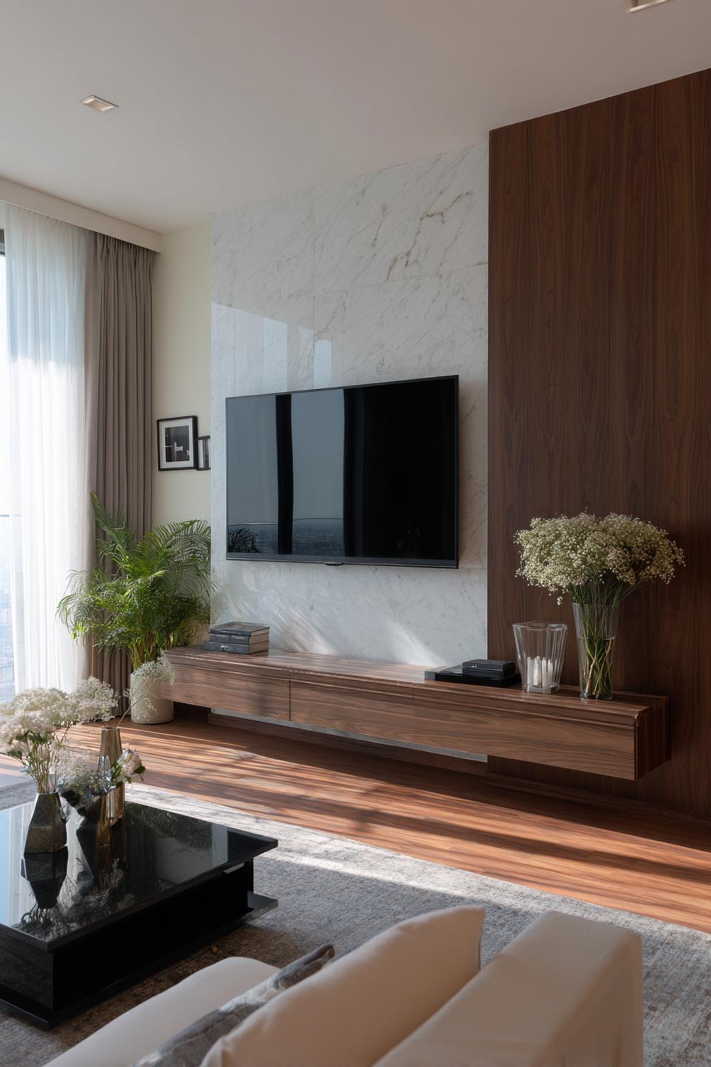 9. TV Wand Minimalismus in Schwarz-Weiß mit Schattenfuge und LED-Kontur