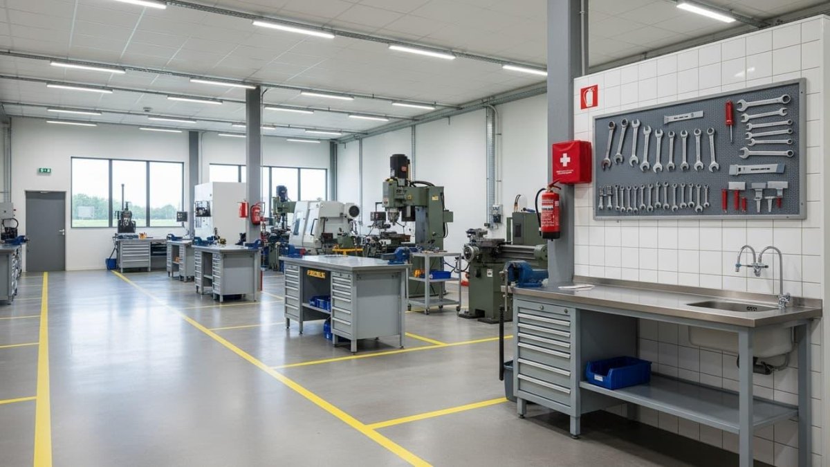 Gereinigte Werkstatt mit Wartungsbereich