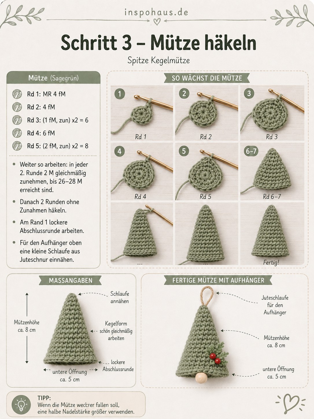 Spitzkegelmütze in Sage entsteht Runde für Runde beim Weihnachtsgnome häkeln mit Jutschnur-Schlaufe