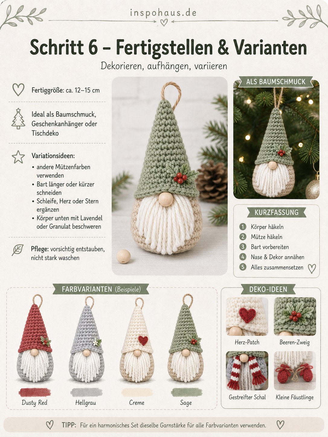 Vier fertige Wichtel in unterschiedlichen Farben als Ergebnis vom Weihnachtsgnome häkeln am Christbaum