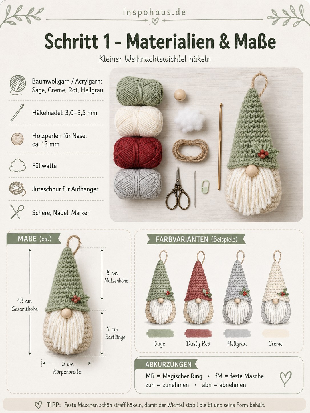 Materialübersicht zum Weihnachtsgnome häkeln mit Garn, Häkelnadel und Holzperle in Sage und Creme