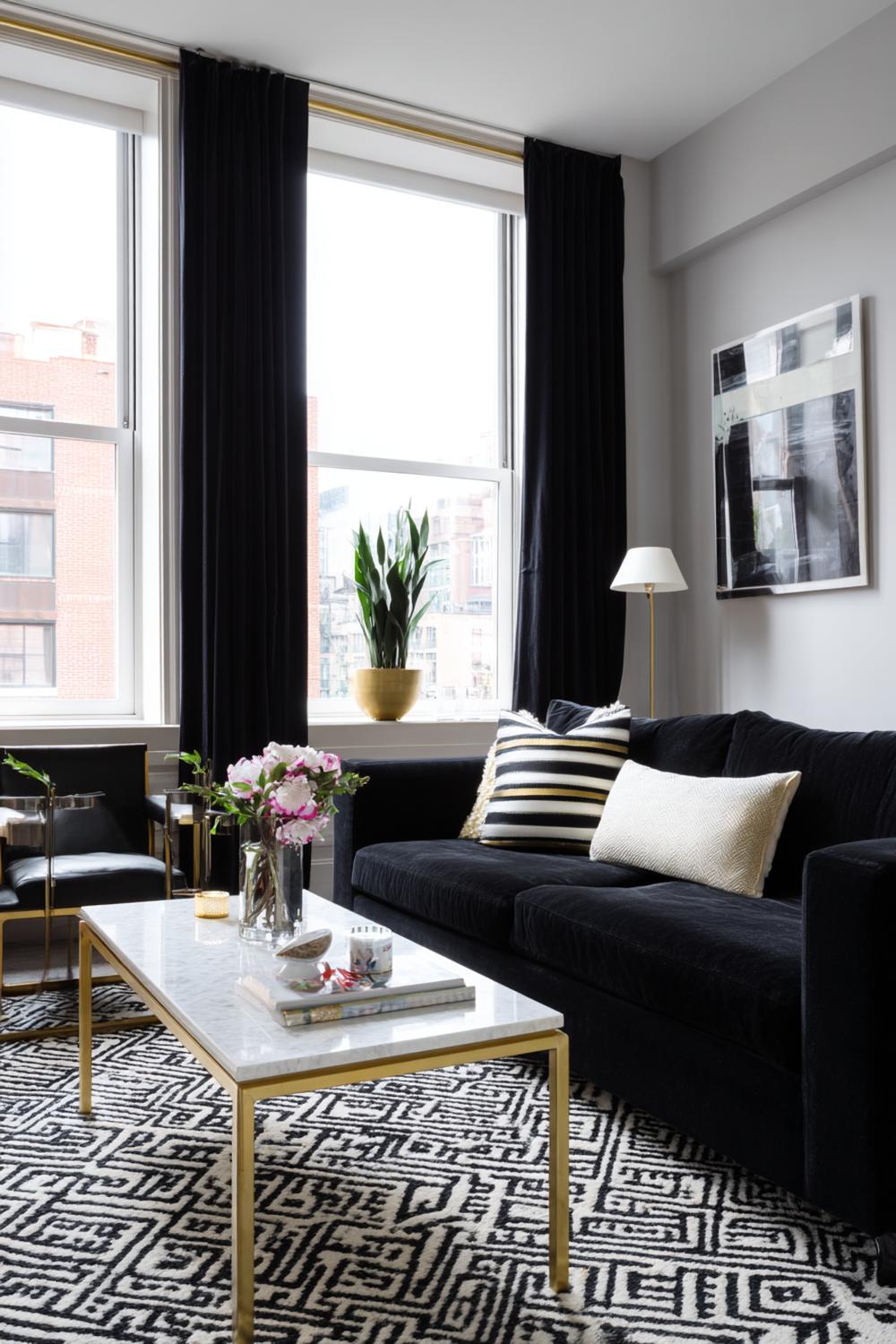 2. Wohnzimmer Deko Ideen Modern in Schwarz-Weiß mit grafischen Linien und Messingdetails