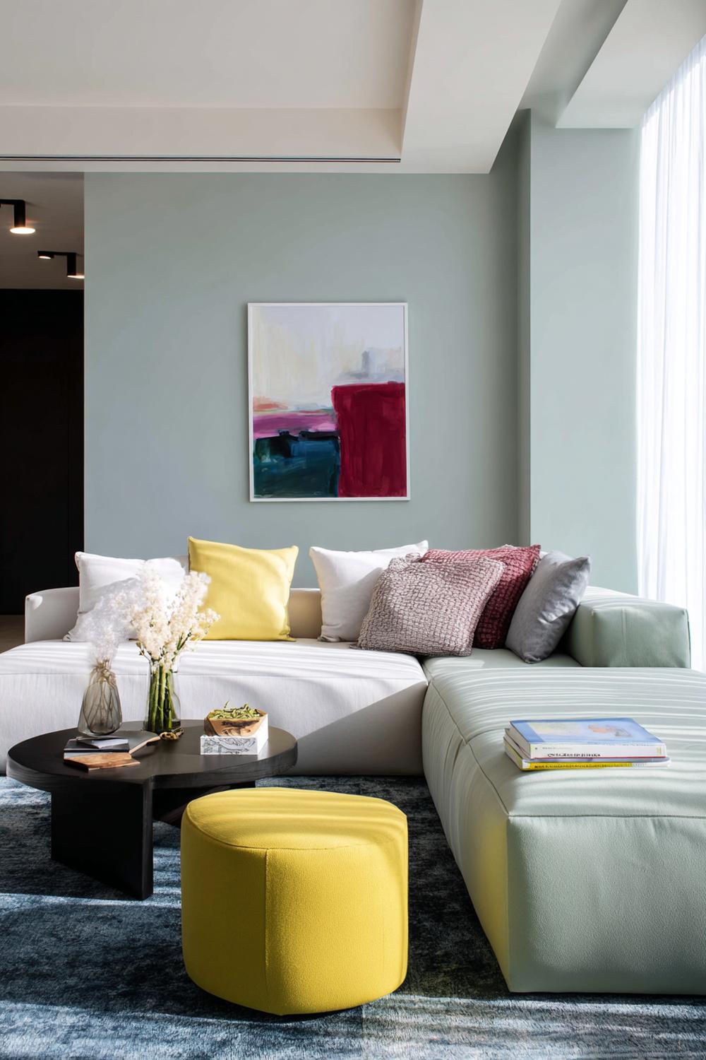 3. Wohnzimmer Deko Ideen Modern mit modularem Sofa und farbigem Akzent in Salbeigrün