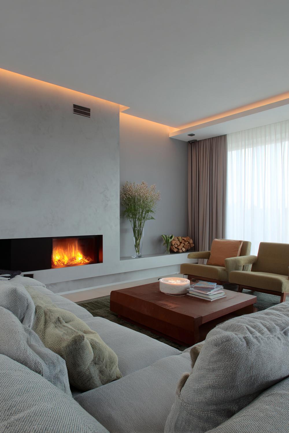 4. Wohnzimmer Deko Ideen Modern mit Mikrozement-Optik und indirekter LED-Lichtlinie