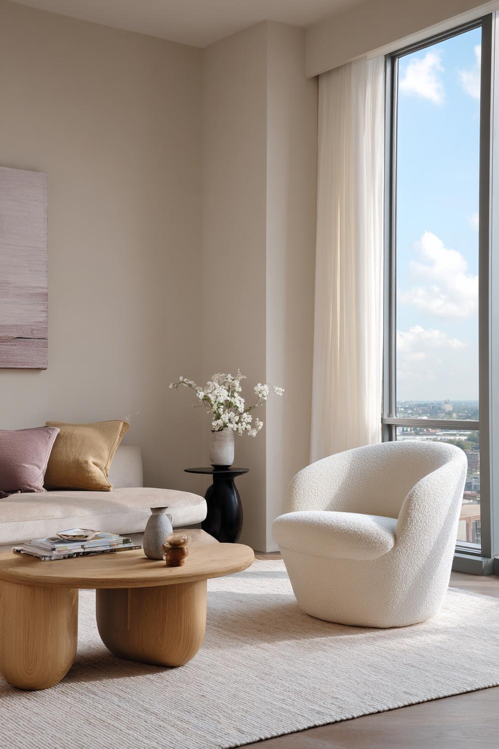 5. Wohnzimmer Deko Ideen Modern mit runden Formen: Bouclé-Sessel und organischer Couchtisch