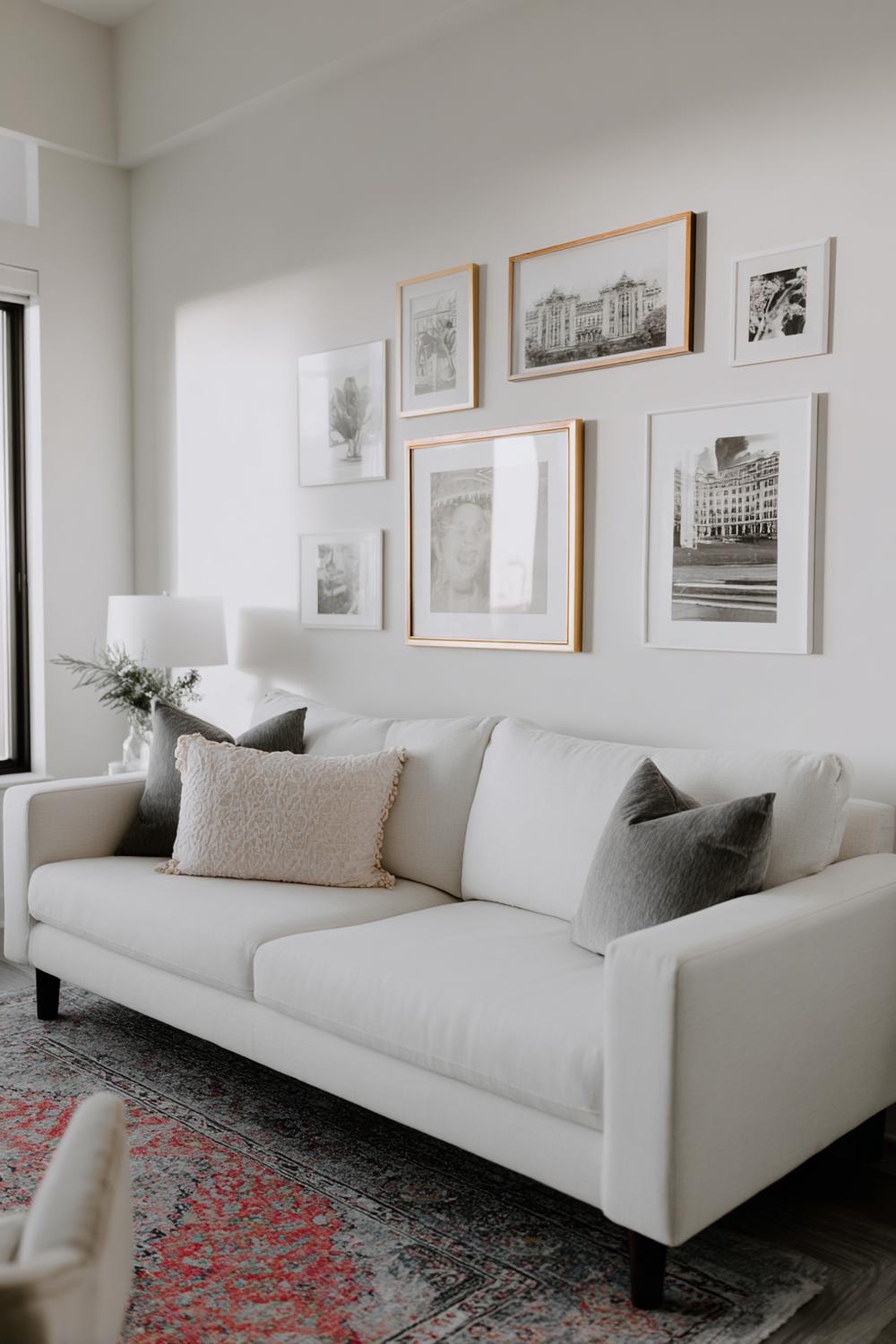 6. Wohnzimmer Deko Ideen Modern mit Gallery-Wall über dem Sofa und klarer Farbpalette