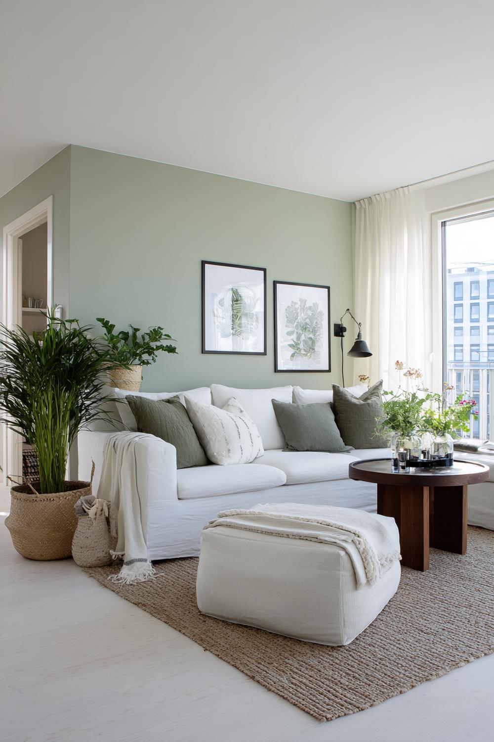 15. Wohnzimmer Farbkombinationen Skandi Stil mit Off-White, Moosgrün und Pflanzen