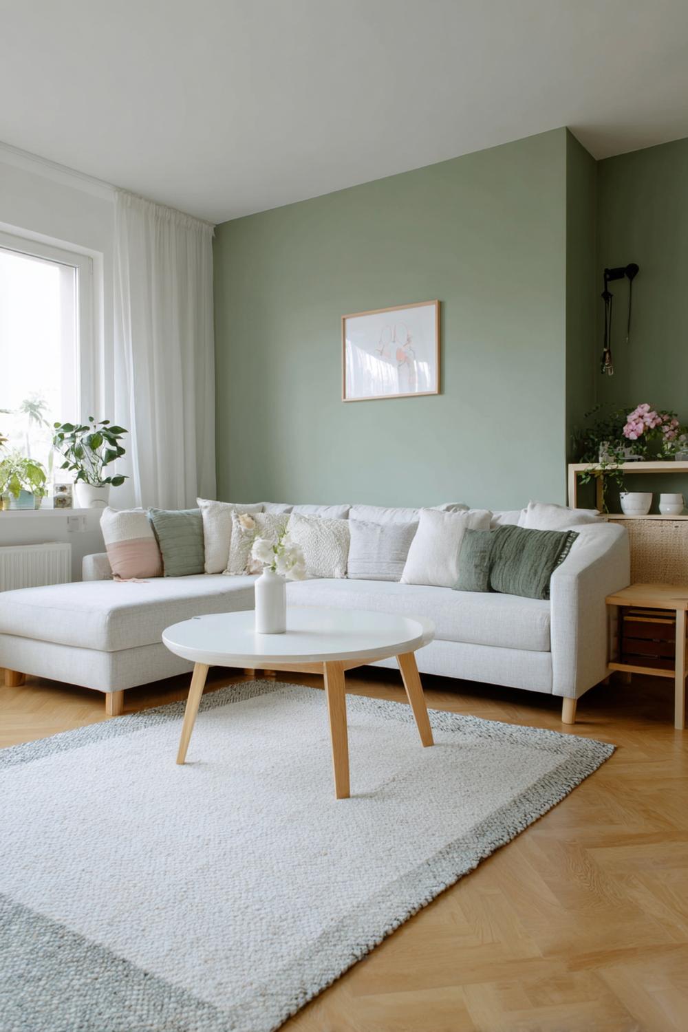 3. Wohnzimmer Farbkombinationen Skandi Stil mit Salbeigrün und hellem Holz