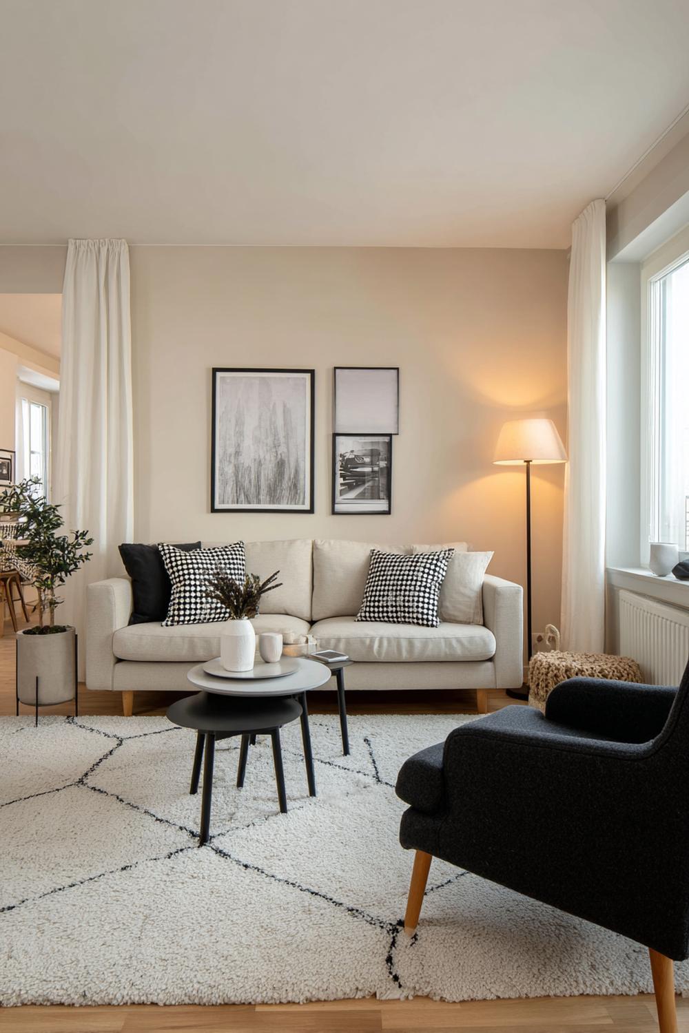 5. Wohnzimmer Farbkombinationen Skandi Stil mit Beige, Schwarz und grafischen Mustern