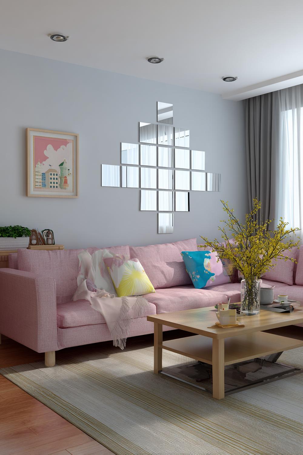 3. Wohnzimmer Wanddeko ohne Bohren mit Spiegelflächen auf ablösbaren Klebehaken