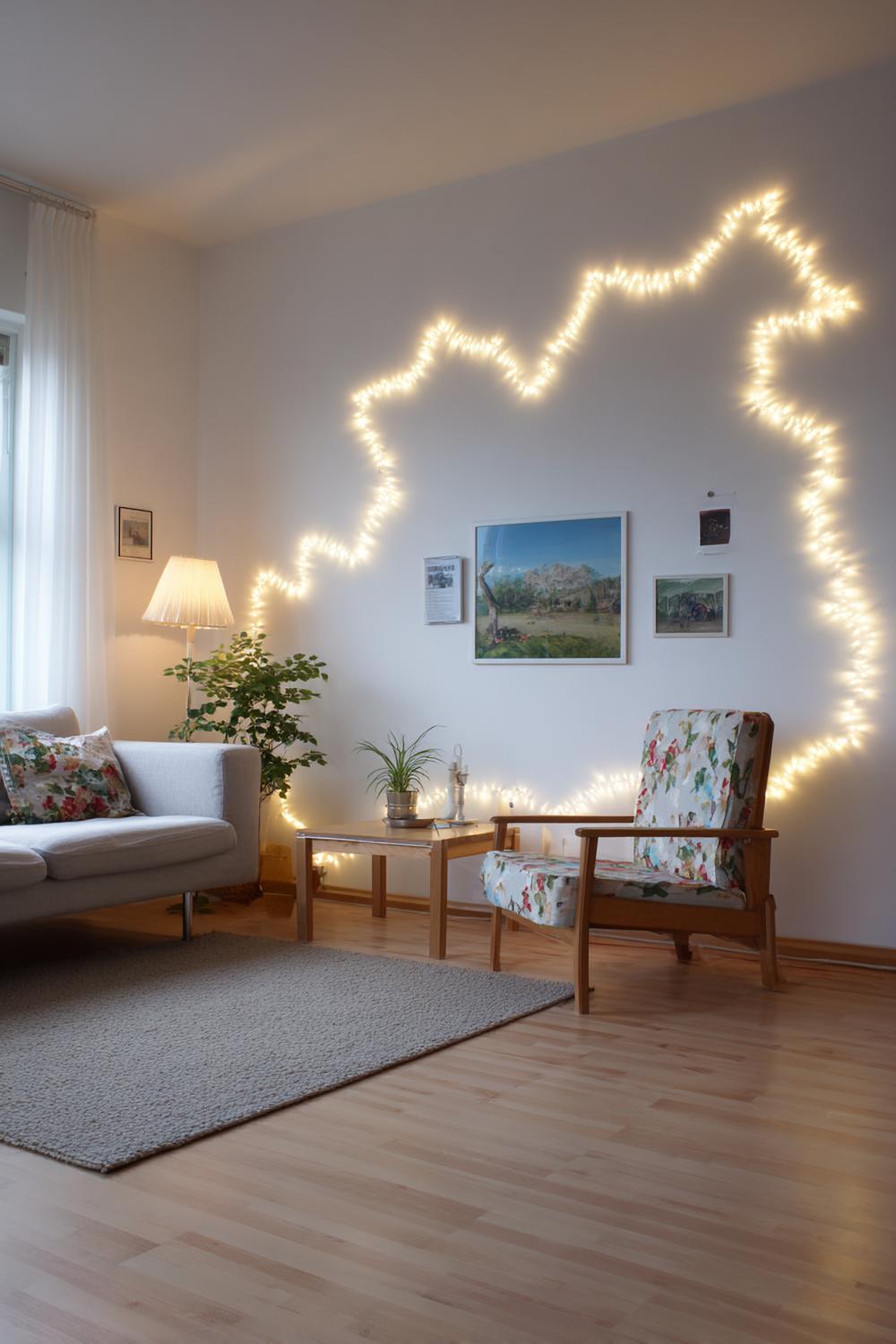5. Wohnzimmer Wanddeko ohne Bohren durch eine LED-Lichterkette als Konturrahmen