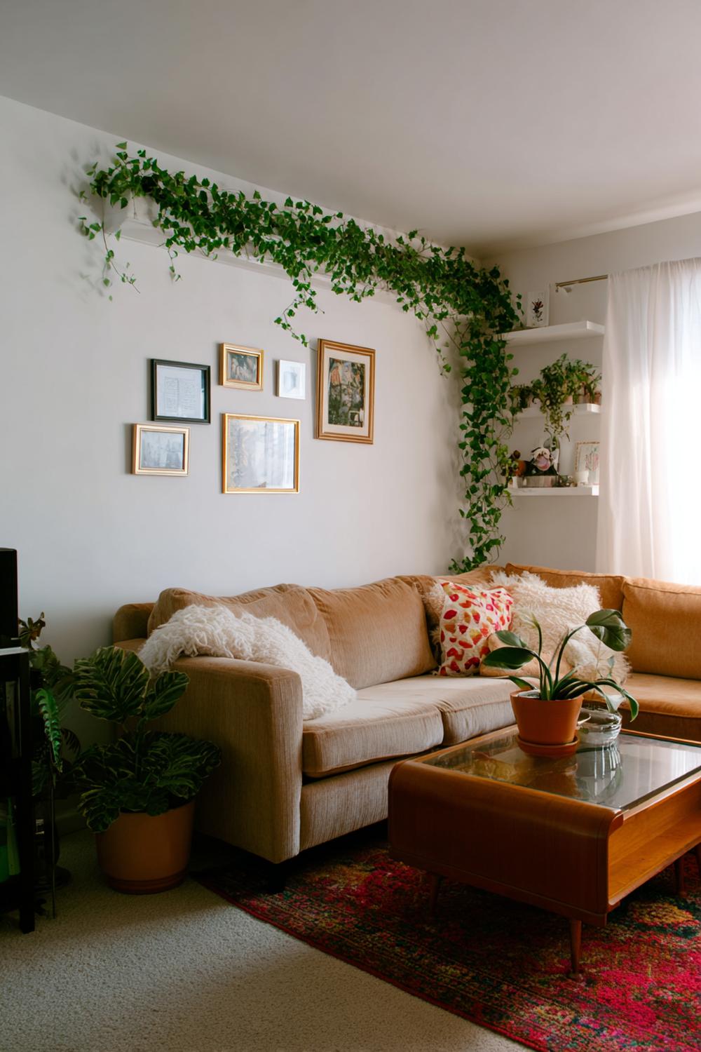 8. Wohnzimmer Wanddeko ohne Bohren mit Klemmstange und hängender Pflanzenkante